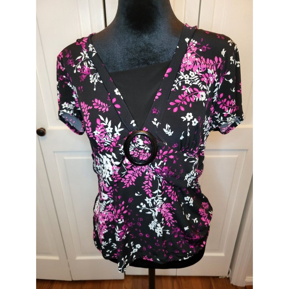 Vintage Y2K Black Pink Layered Look Babydoll Top Buckle Stretch M Whimsygoth